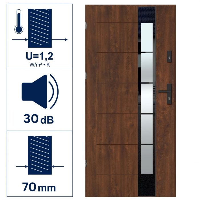 Entrance Door w Frame Thermo 4-Pane Glass Walnut